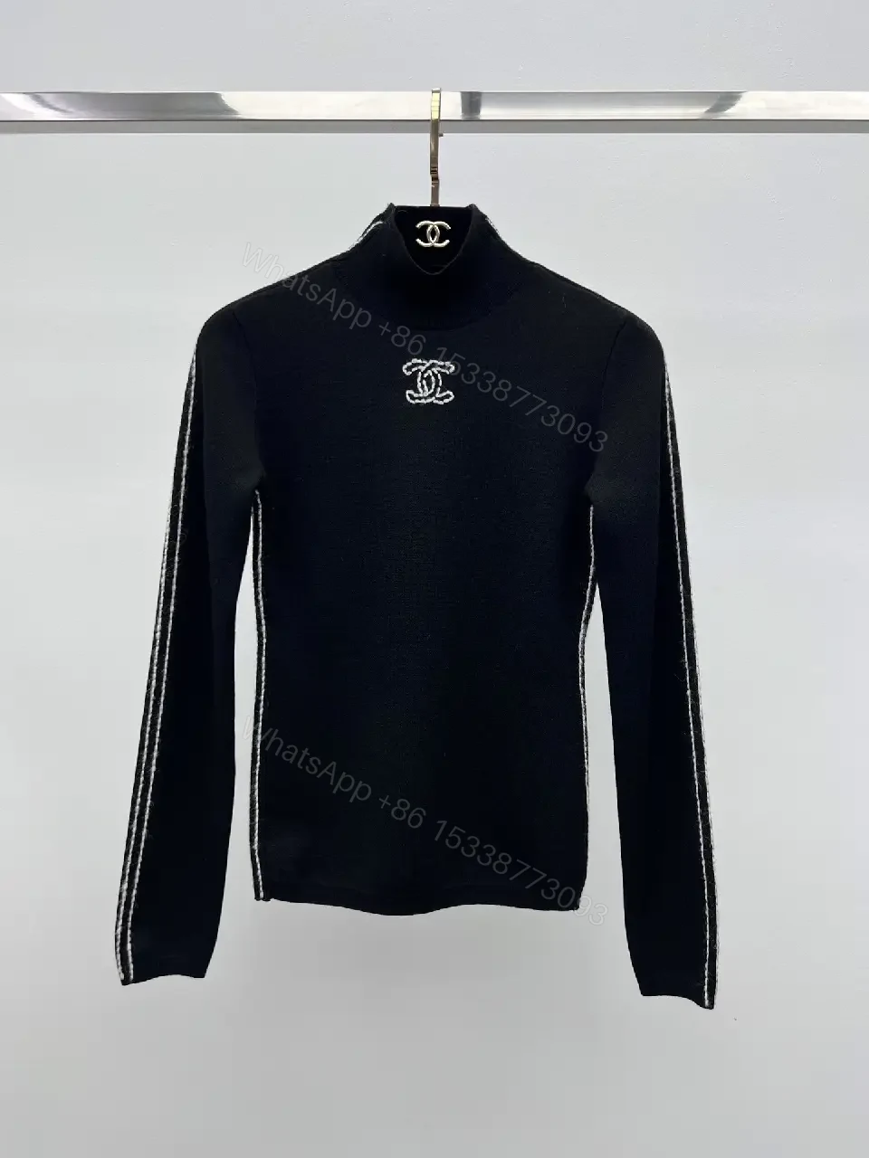 Elegant Knit Turtleneck with Signature Embroidery, Black Knit Dishive — view 1