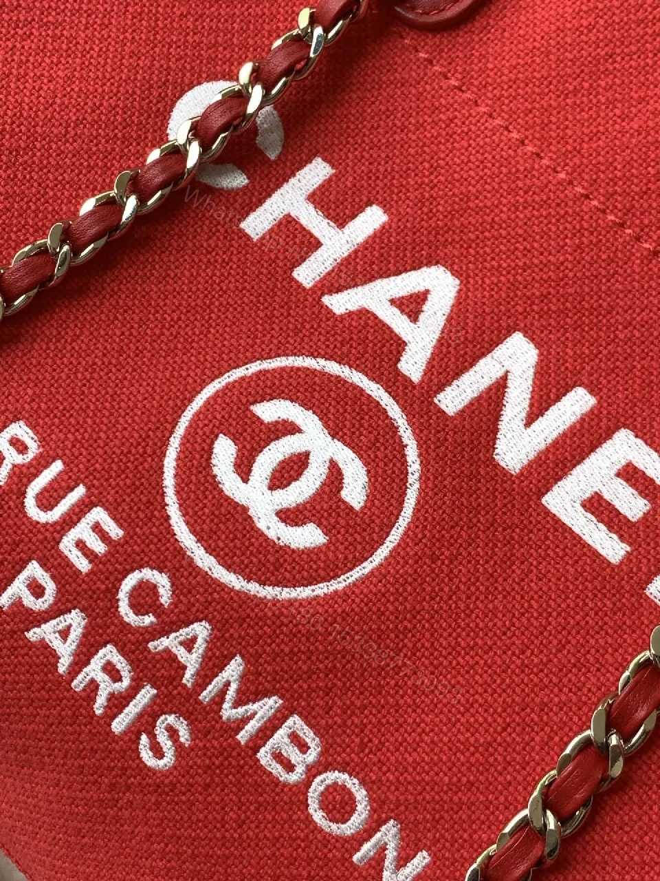 View 6 of Bold Red Canvas Tote with Logo & Chain Detailing