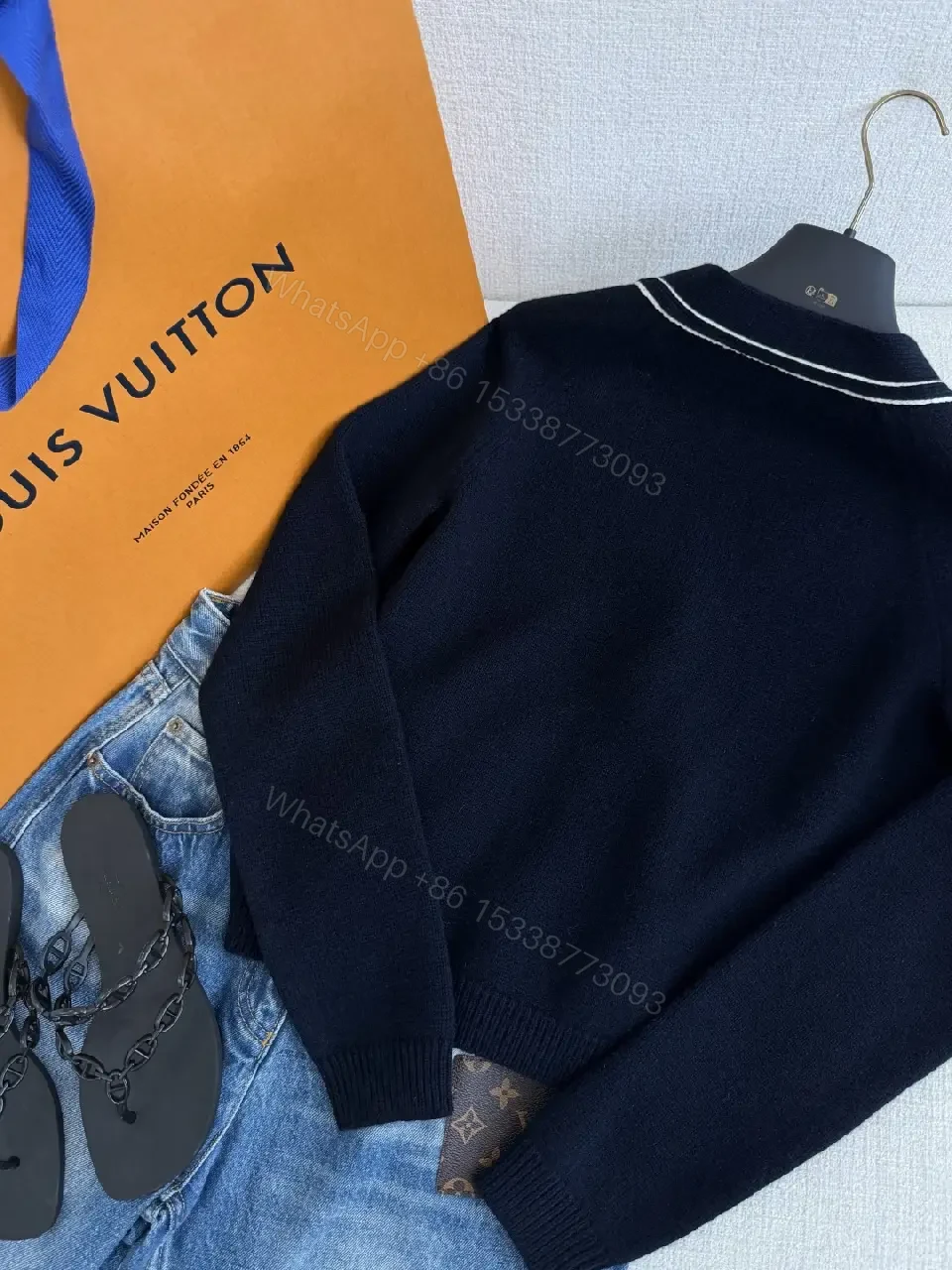 View 8 of Navy Knit Cardigan with White Trim and LV Piping