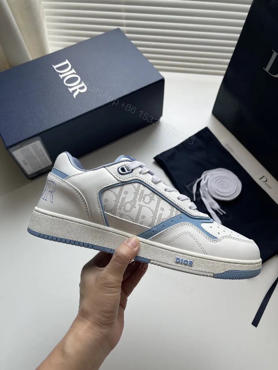 View 2 of White & Ice Blue Leather Sneakers: Subtle Luxury Trainer