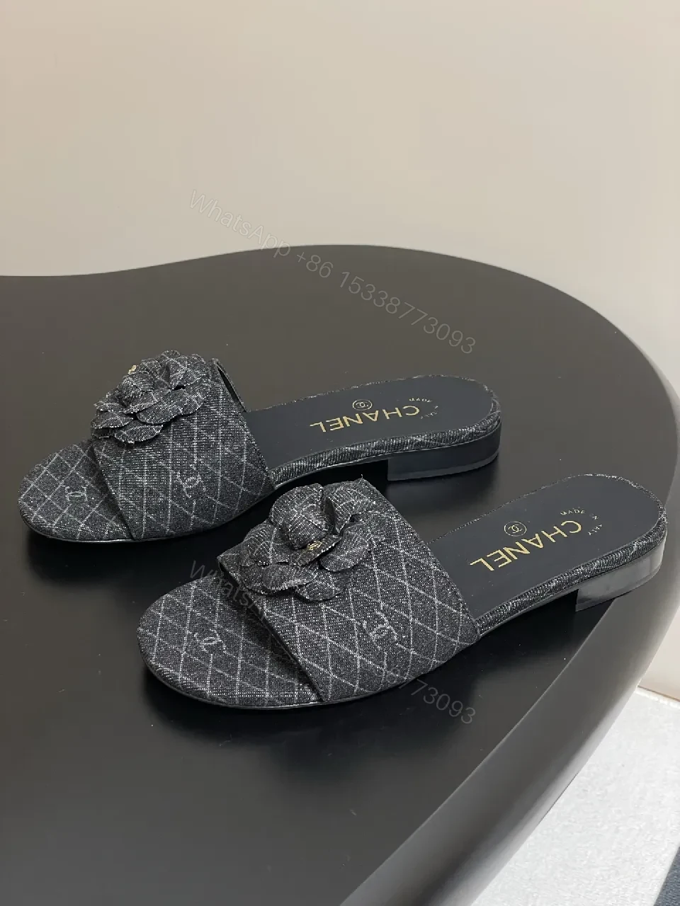 View 8 of Quilted Tweed Slides with Camellia Charm, Open-Back Luxury