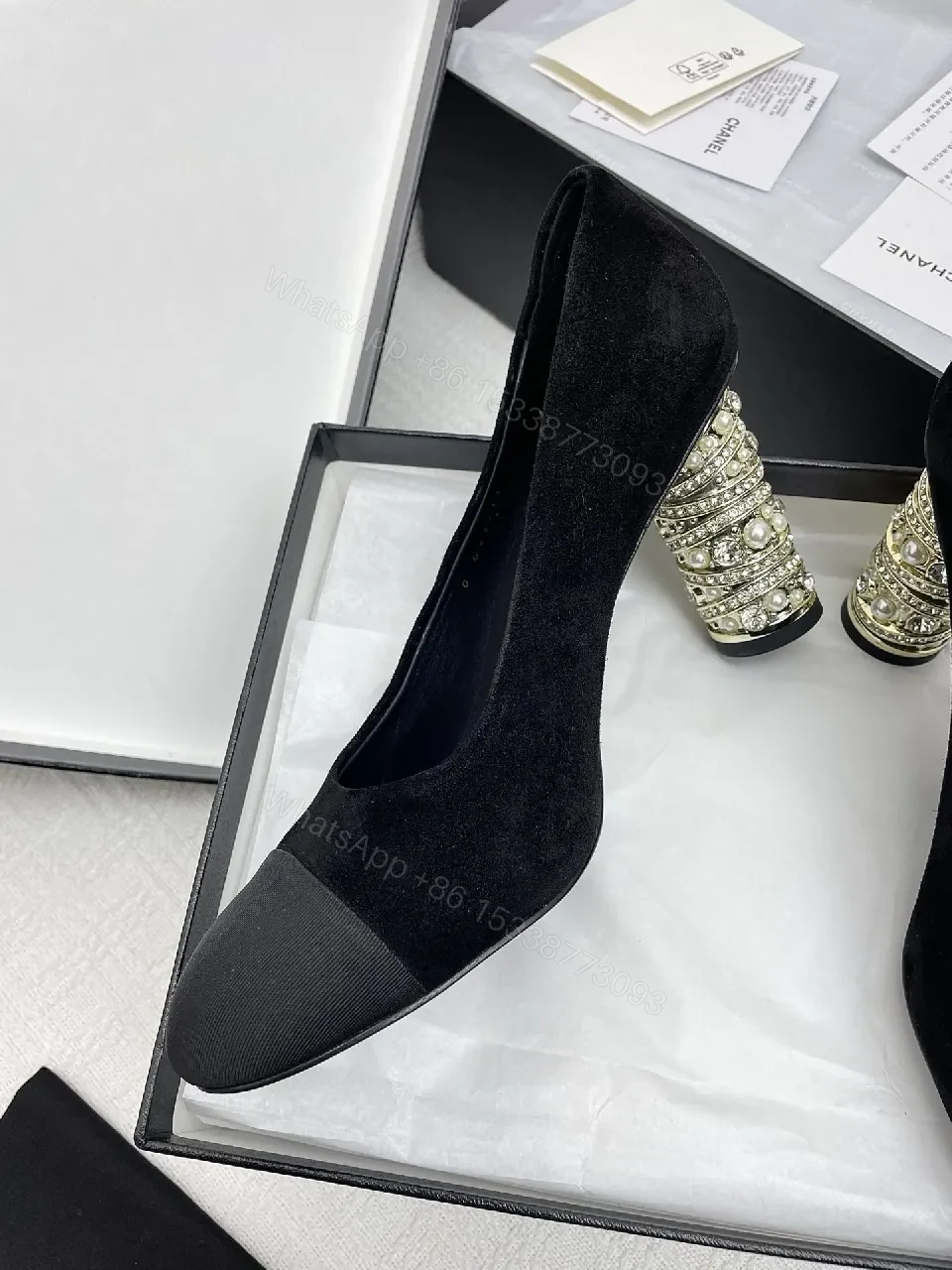 View 9 of Black Velvet Pumps + Velvet + Classic + Bead-embellished Heel + Pump
