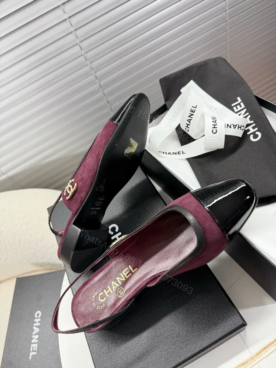 View 9 of Velvet Burgundy Slingback Mules with Patent Cap Toe
