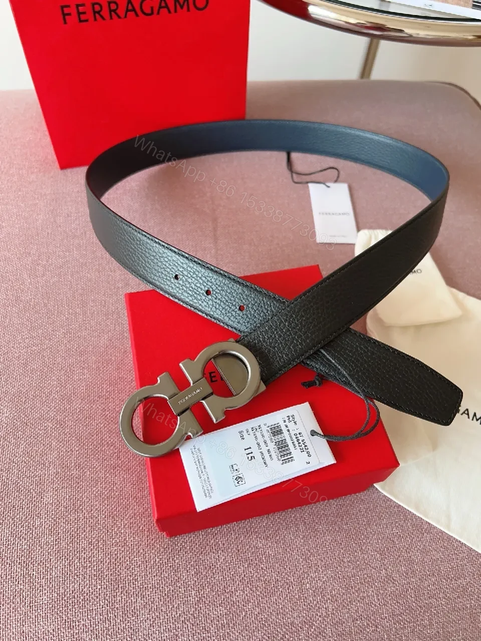 View 2 of Pebble Leather Belt with Bold Ferragamo-Style Buckle, Black, 1.5"