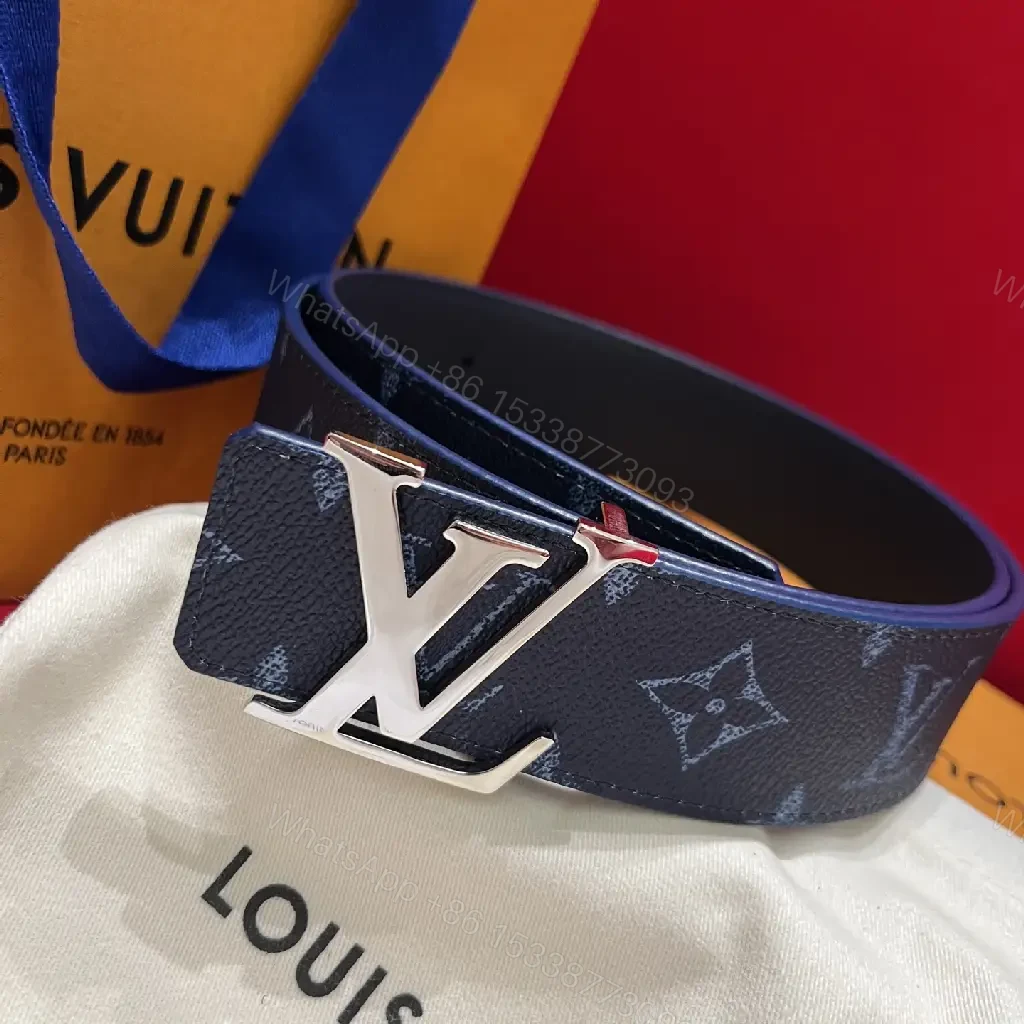 View 6 of Dark Blue/Black LV Patterned Canvas Belt with Bold Oversized Monogram Buckle