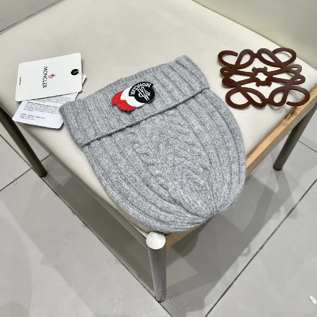 View 7 of Grey Cable Knit Beanie - Moncler-Style Logo Knit Cap
