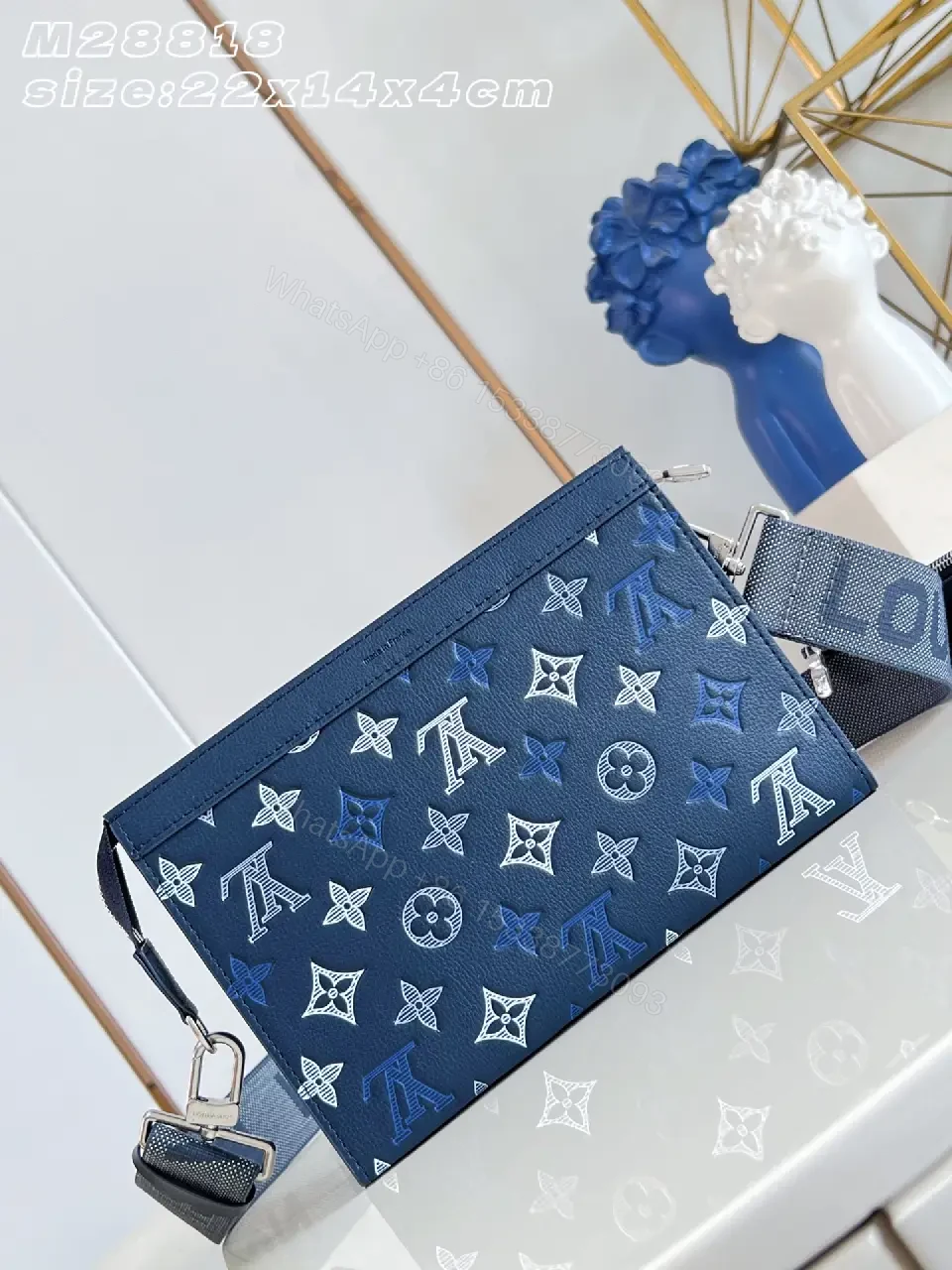 View 5 of Dark Blue Monogram Leather Crossbody with Flap and Silver Hardware