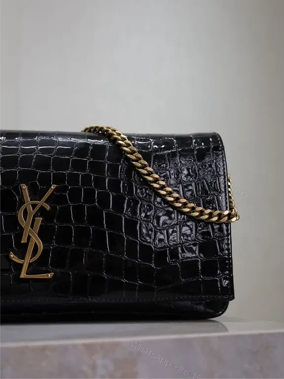 View 7 of Croc-Effect Black Leather Bag with Gold YSL Chain Strap