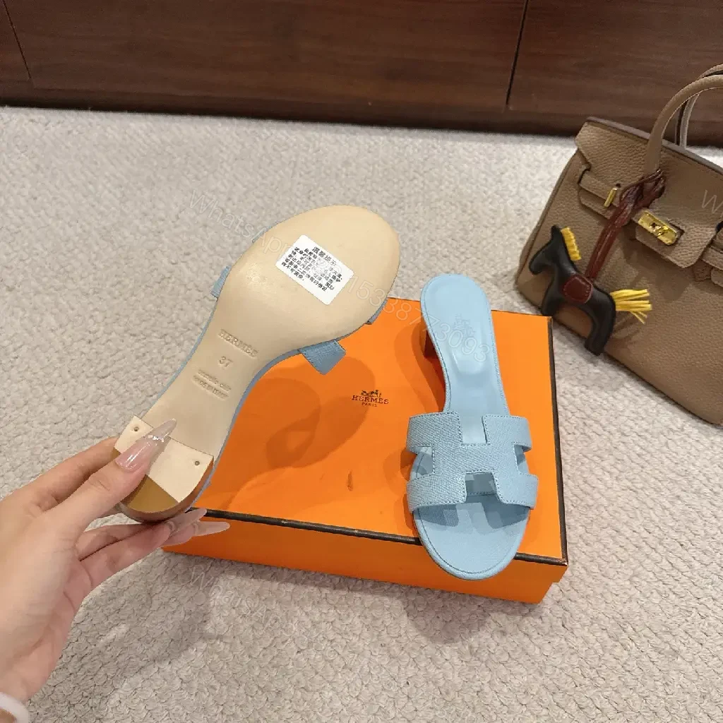 View 8 of Blue Leather Sandals Classic Hermes-Style Open-Toe Sliders