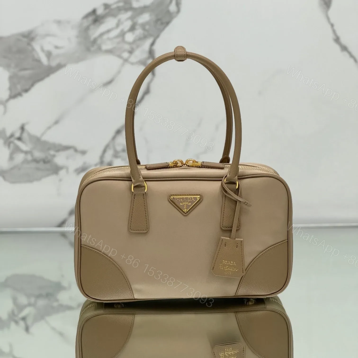MEDIUM TOP HANDLE BAG 30 IN DRIED MOSS NYLON AND CALFSKIN TRIM — view 1
