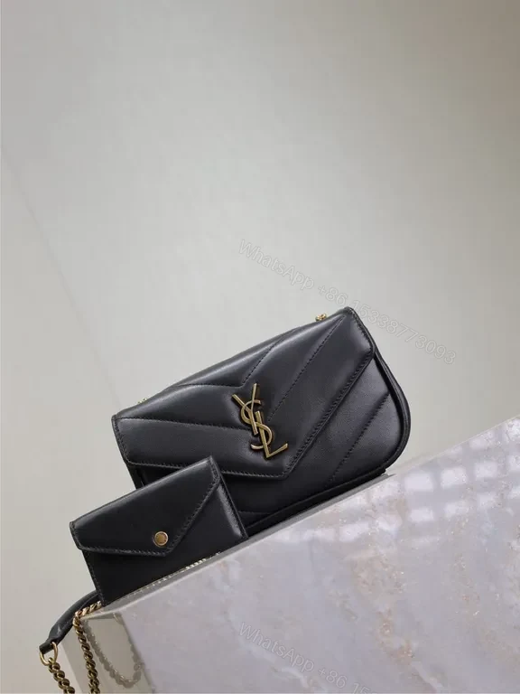 View 7 of Black Leather Envelope Bag with Gold YSL Logo, Structured Style