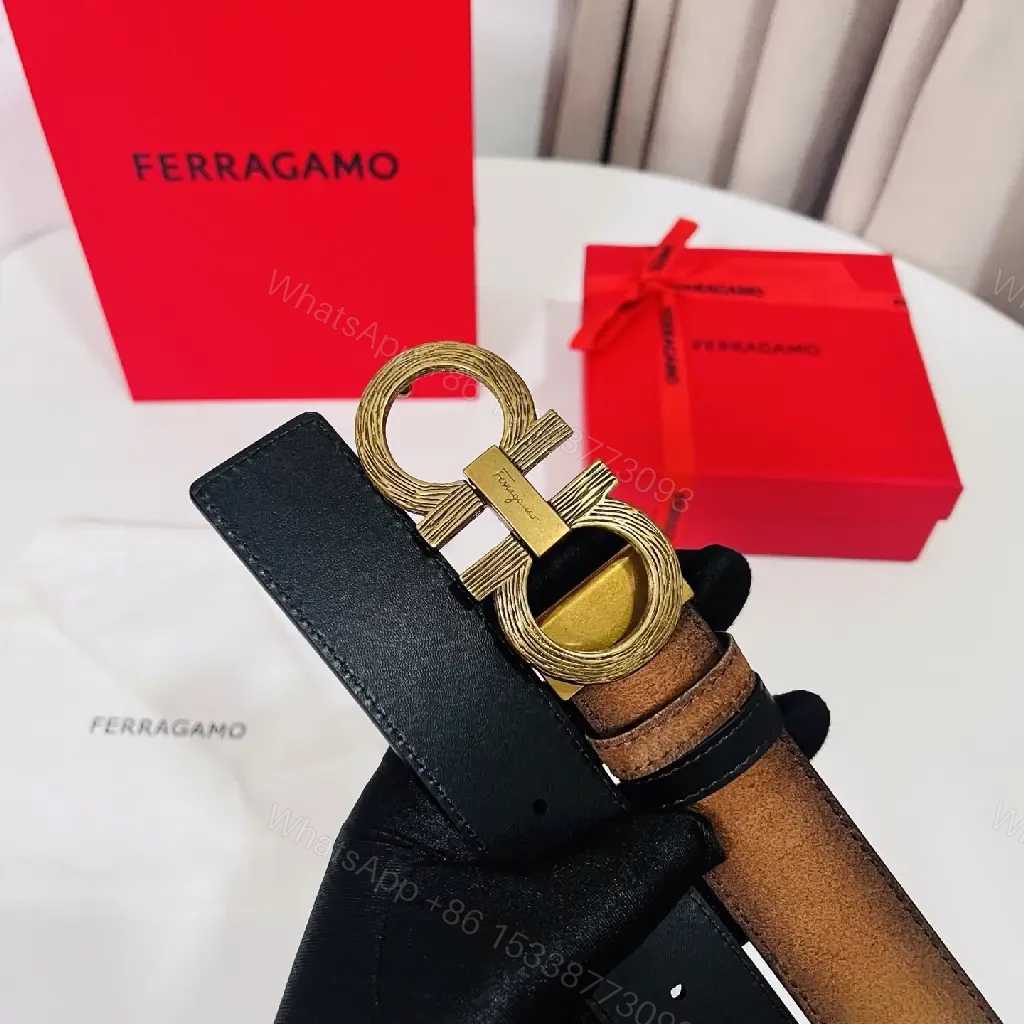 View 6 of Brown Leather Belt Distressed Matte Double-GC Buckle Ferragamo Logo Belt