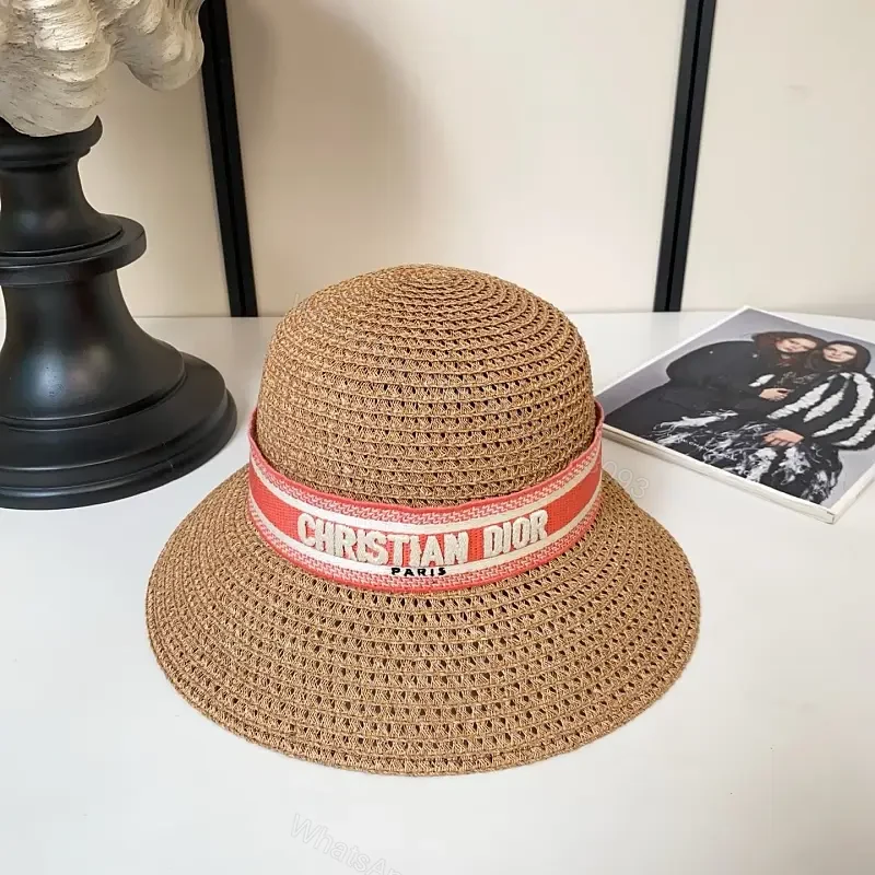 Light Brown Straw Hat Wide Brim Red Dior Band Hat — view 1