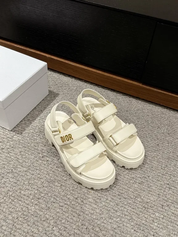 View 7 of Chunky White Leather Sandals with Gold Branding, Dior-Inspired