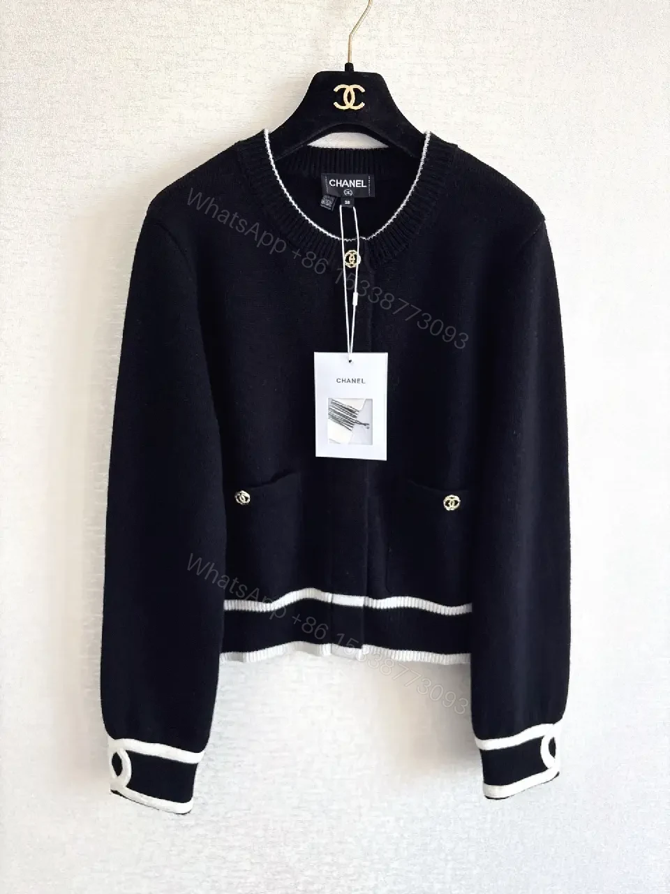View 4 of Black Knit Jacket with White Piping & Gold Hardware