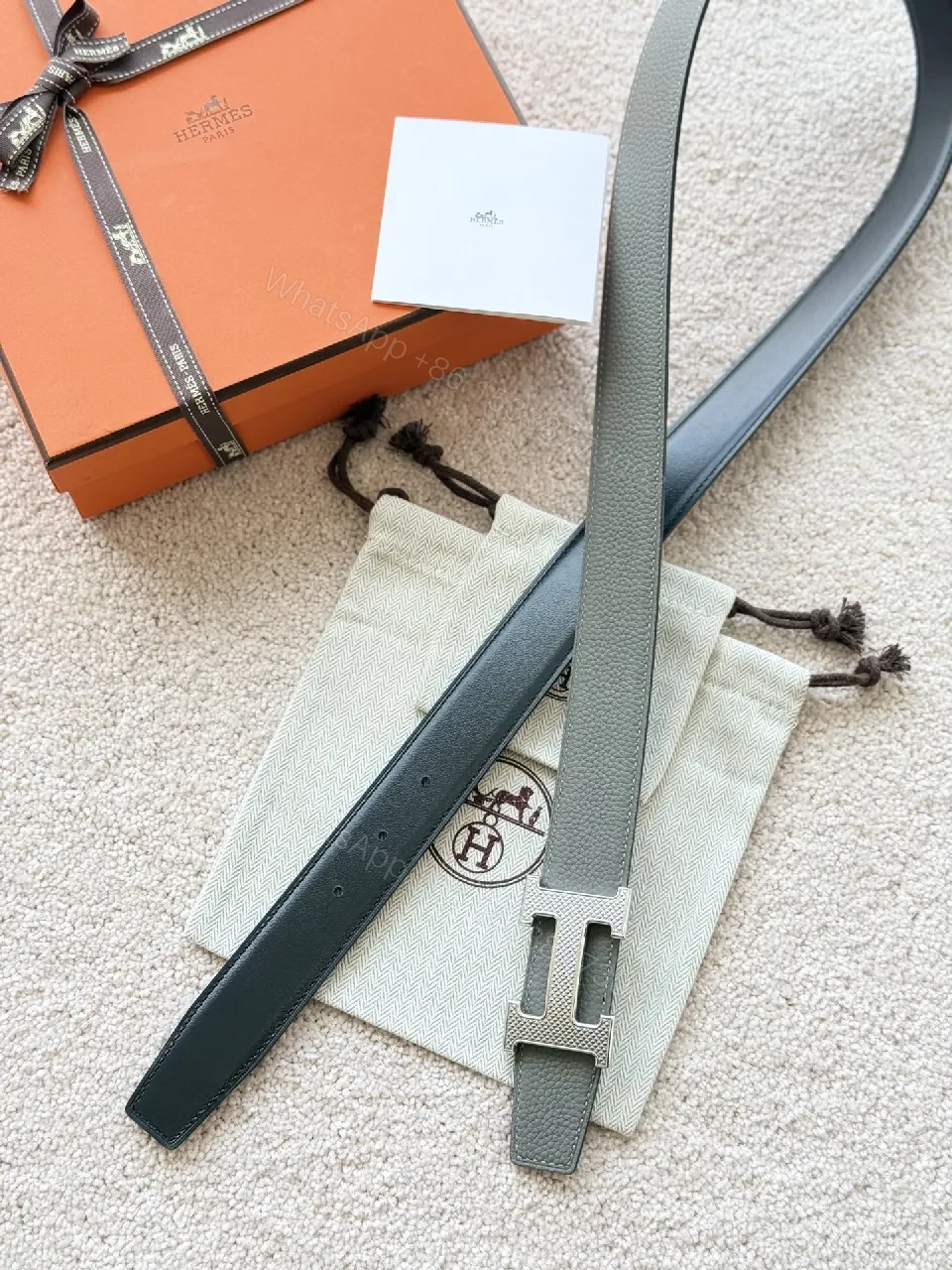 View 6 of Taupe Pebbled Leather Belt with H Buckle - Luxe Everyday Style