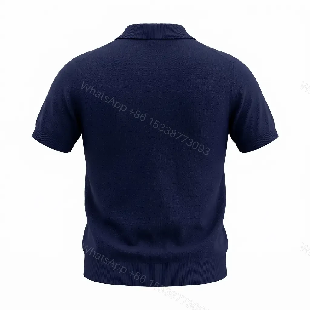 View 2 of Navy Knit Polo V-Neck Top with Crest Emblem, Short Sleeves