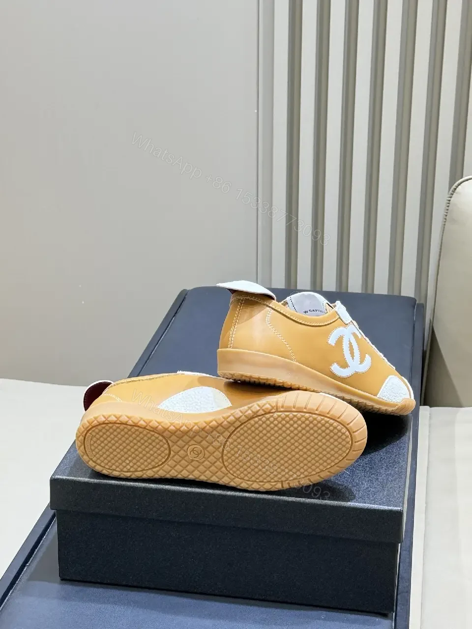 View 2 of Tan Leather & Ivory High-Top Sneakers with Signature Textures