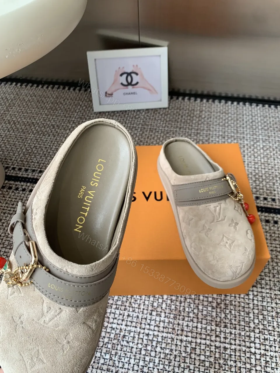 View 5 of Ivory Suede-Look Slip-Ons with Monogram & Charm Designer-Inspired Comfort