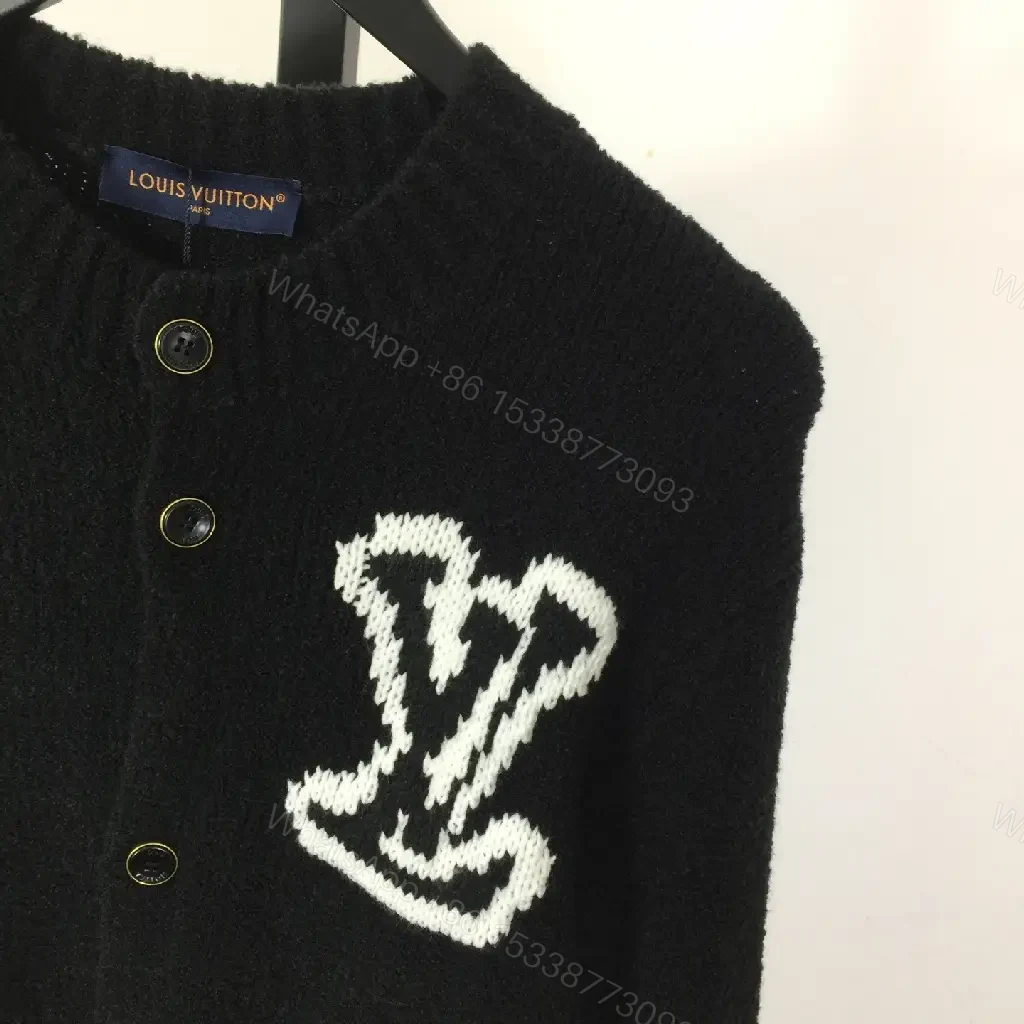 View 4 of Lux Black Textured Cardigan with White Logo Accent