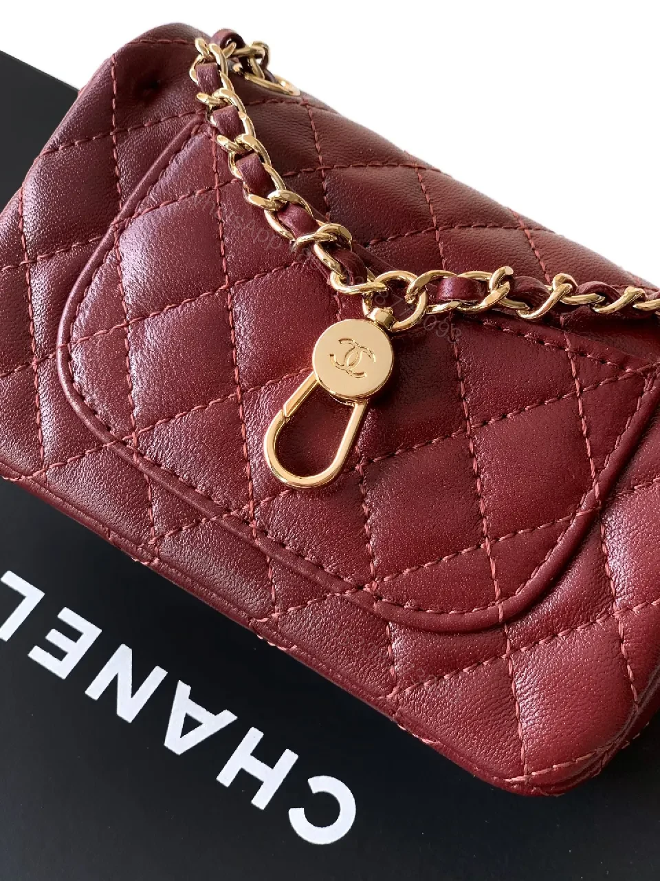 View 5 of Burgundy Quilted Leather Wallet-On-Chain Bag