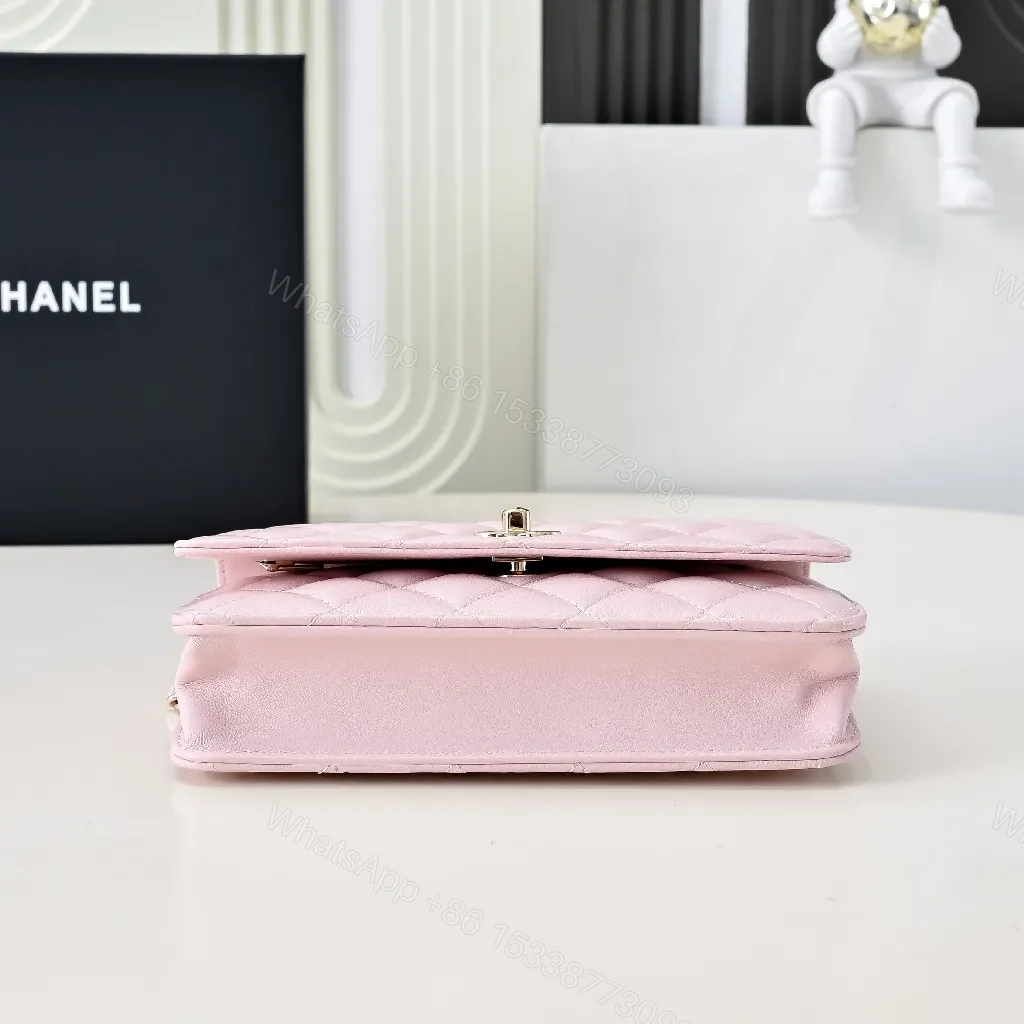 View 4 of Soft Pink Quilted Mini Bag with Gold Chain, Satin Texture, Everyday Luxury