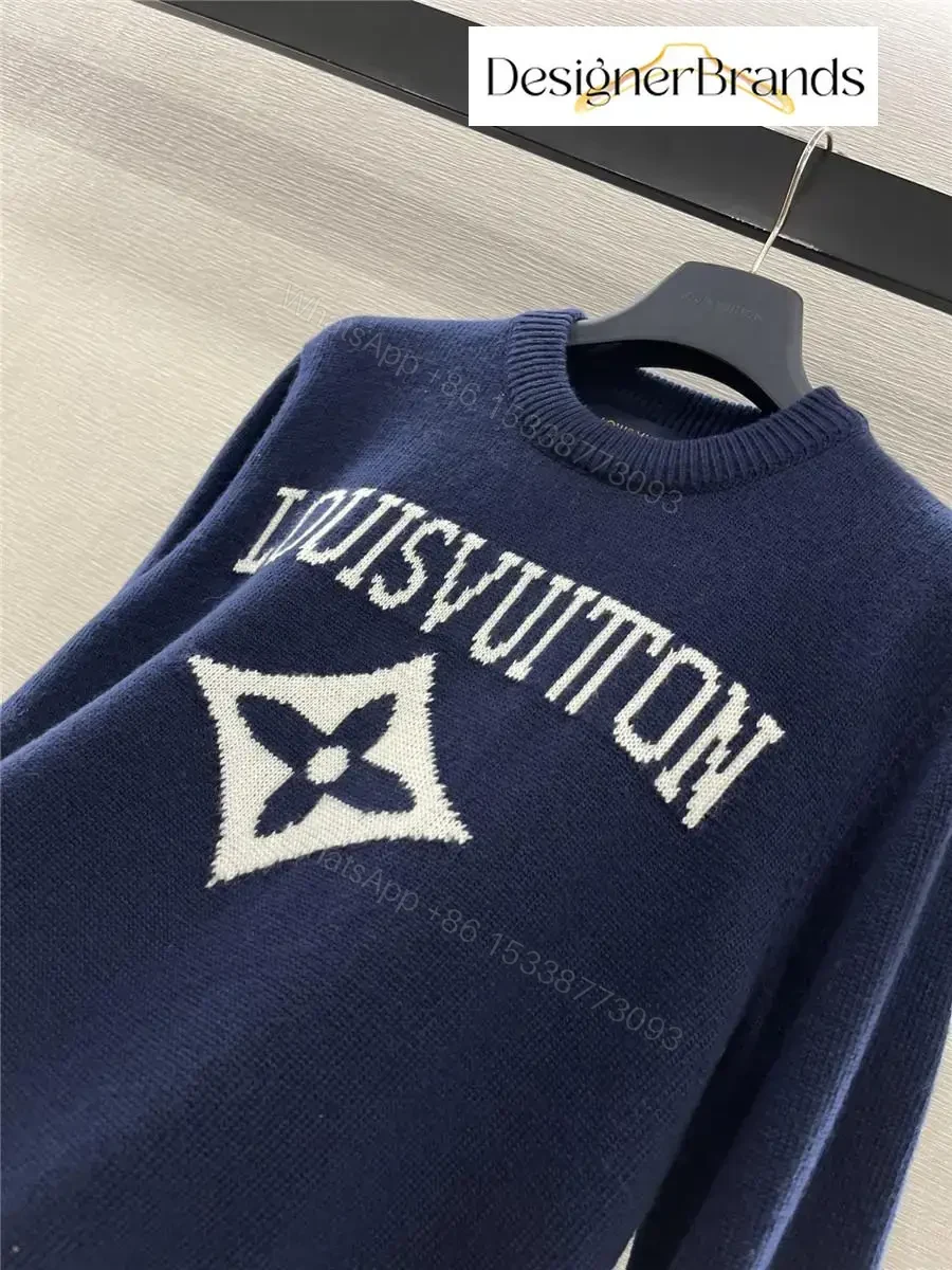 View 7 of Lux Navy Knit Crewneck with Bold Logo — Luxury Streetwear Sweater