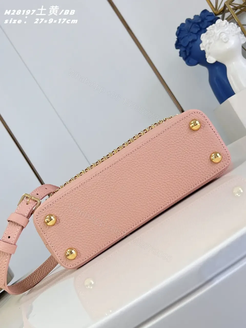 View 3 of Soft Pink Textured Handbag with Gold Hardware— Elegant Everyday Luxe