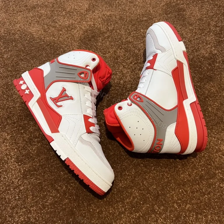 View 6 of Statement LV-Inspired White-Red Leather High-Tops, Designer-Edge Sneakers