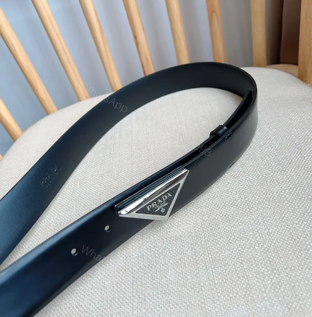 View 8 of Sleek Black Bonded Leather Belt with Prada Triangle Plaque
