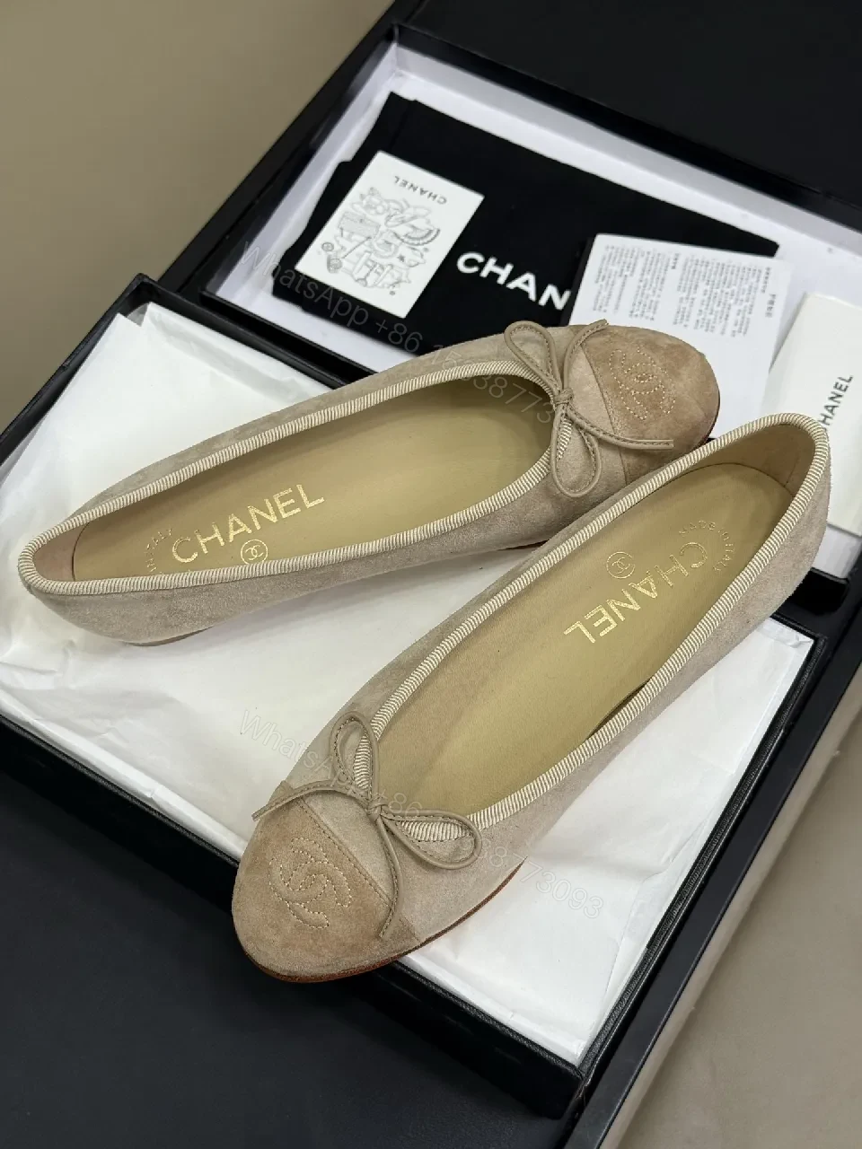 View 5 of Beige Suede Ballet Flats with Discreet Logo Emblem
