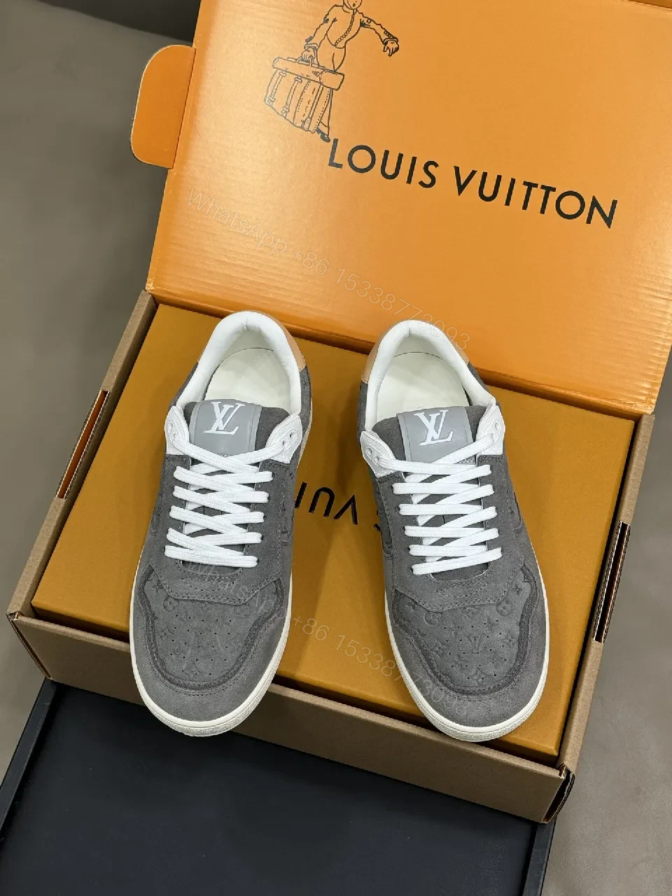 View 6 of Grey Suede Knit Sneakers - Subtle LV Texture, Cushioned Comfort