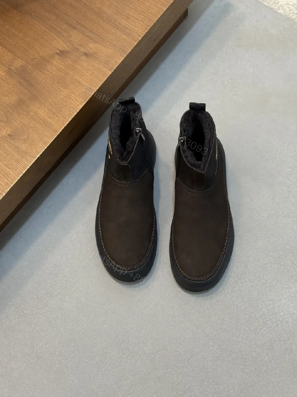 View 2 of Textured Suede Chelsea Boot with Monogram Accent, Shearling Interior
