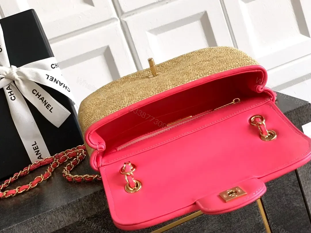 View 10 of Pink Trim Straw Bag with Chain Accent Compact Everyday Luxe