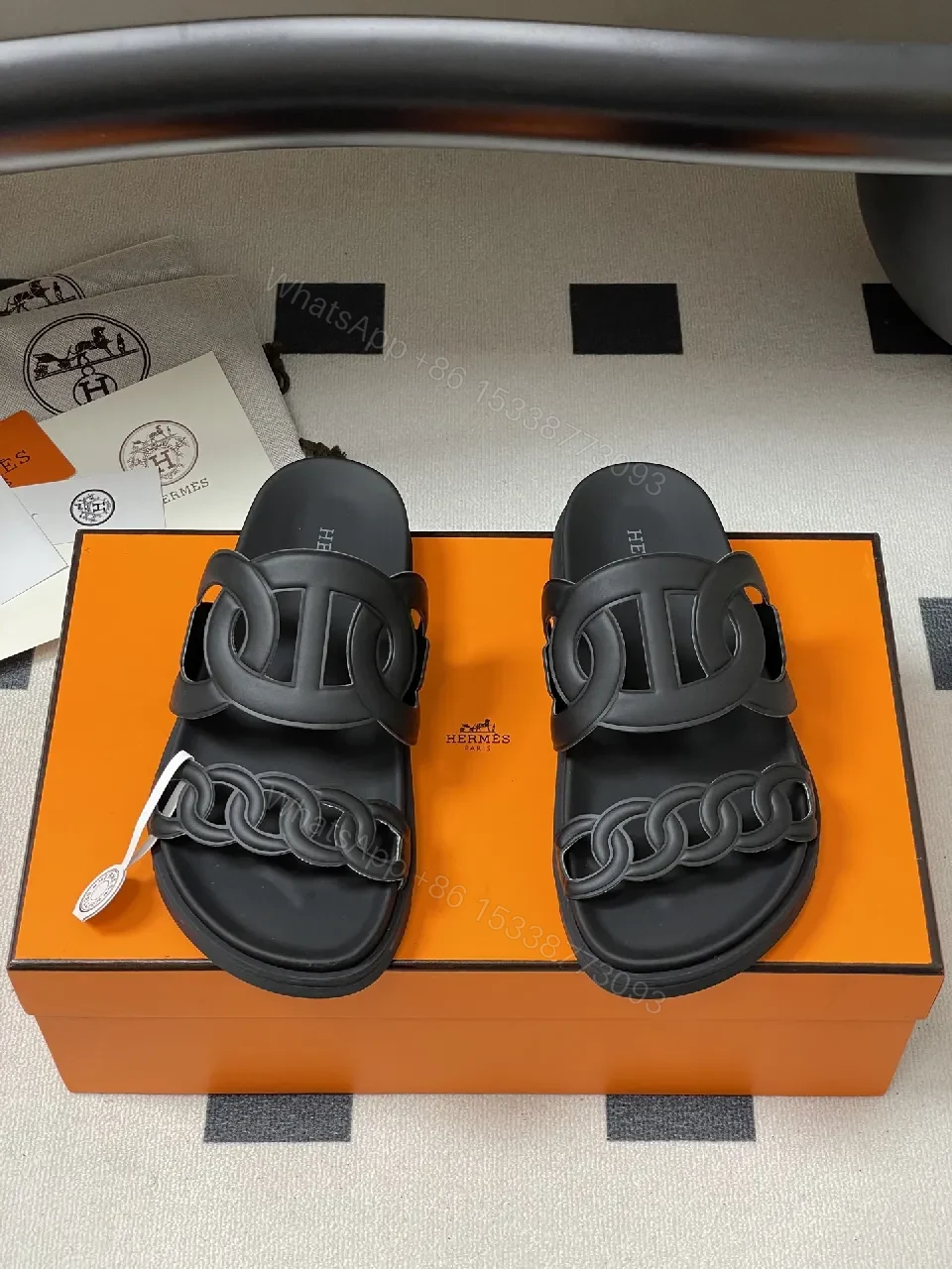 View 8 of Black Leather Double-Chain Slide Sandals: Modern Luxury