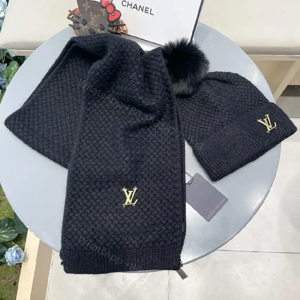 View 8 of Textured Knit Beanie & Scarf Set - Black, Gold Accent