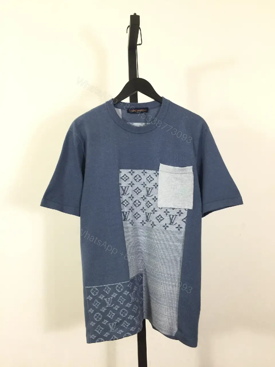 View 10 of Blue Patchwork LV-Patterned Casual Oversized Tee with Chest Pocket