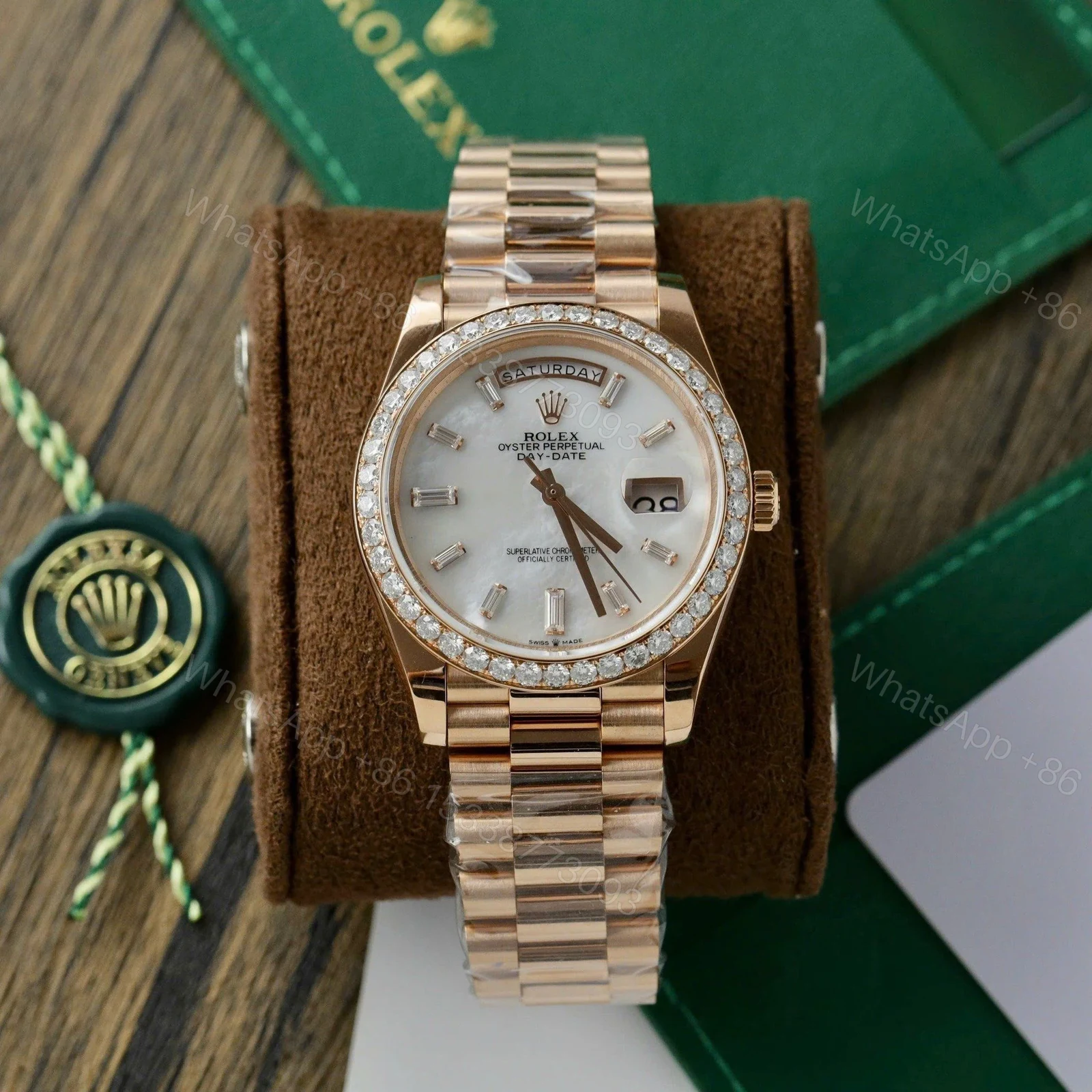 View 2 of Superclone Rolex Day-Date White Mother-of-Pearl Diamond Dial 128395tbr-0026 36 mm