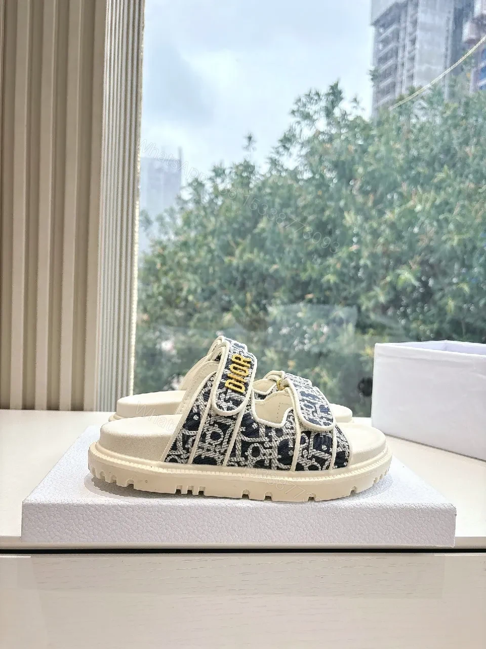 View 4 of Navy Ivory Patterned Platform Sandals with Logo Straps