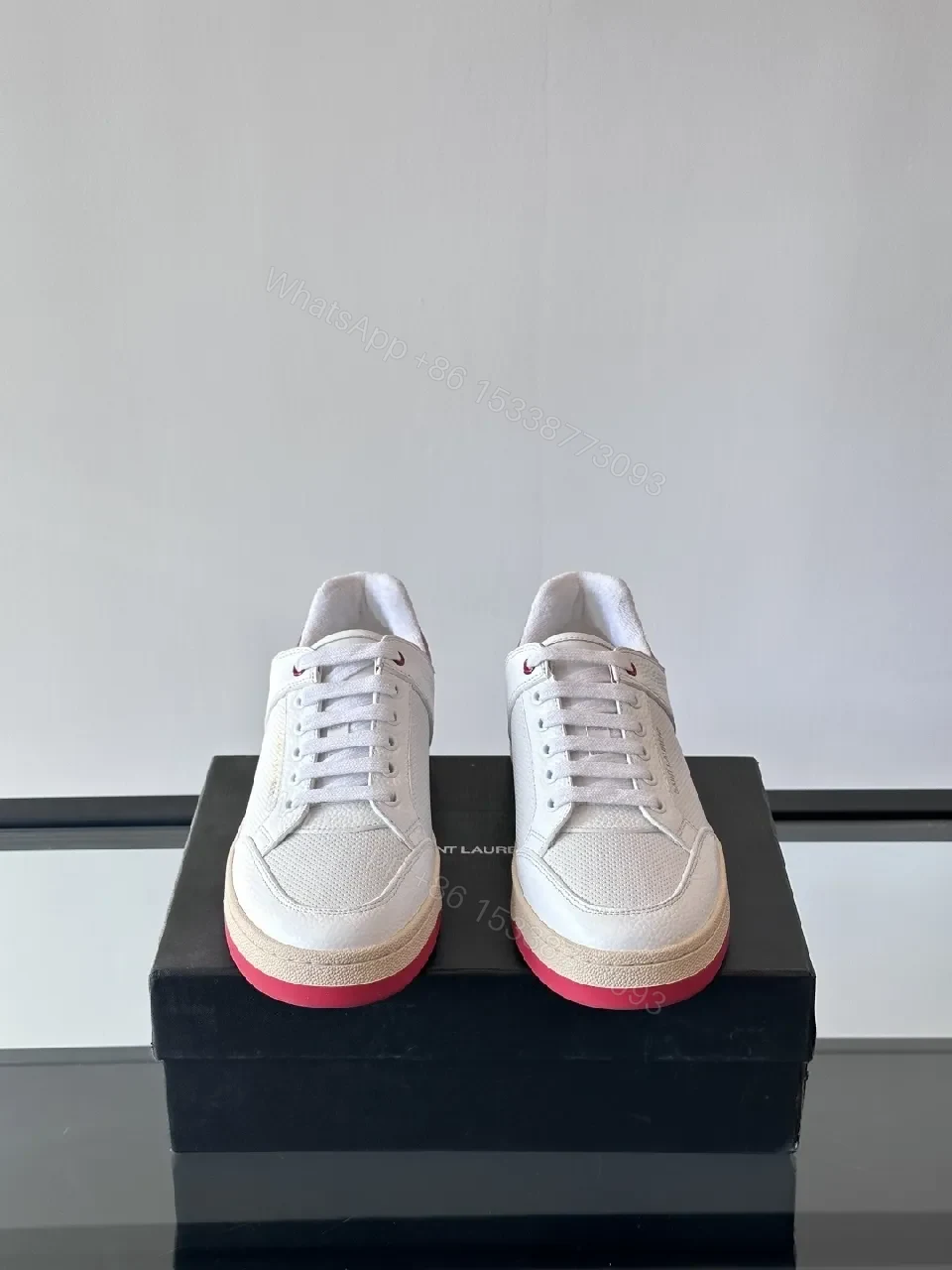 View 3 of White Leather Low-Top Sneakers with Rose Accents, Modern Comfort