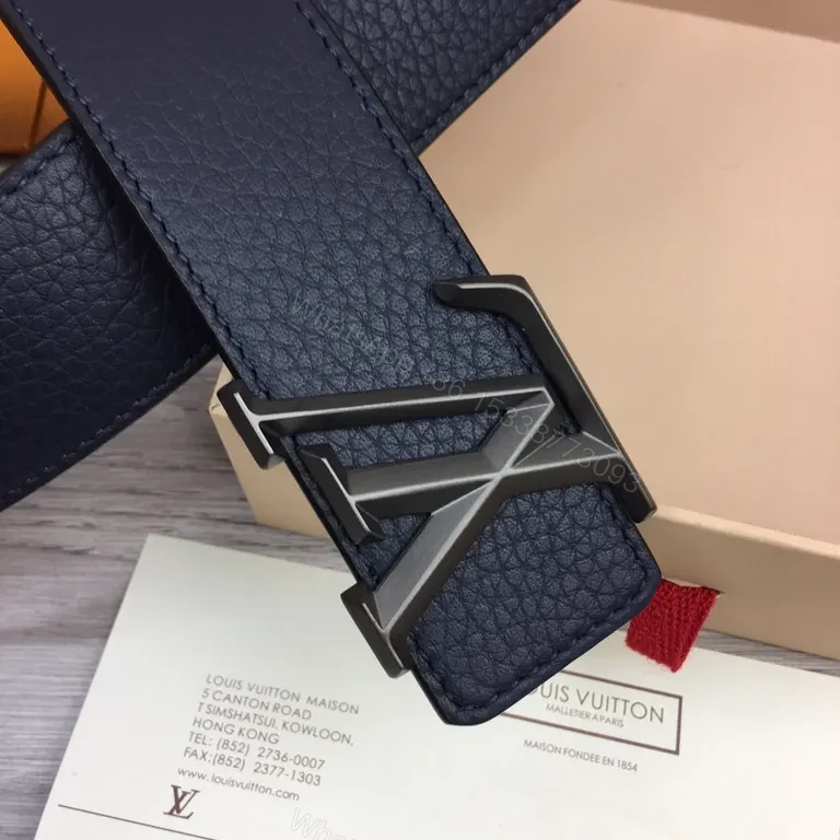 View 2 of Navy Leather Belt: LV Silver Buckle, Pebble-Grain Calfskin, Luxury Style, Premium All-Day Wear, Belt