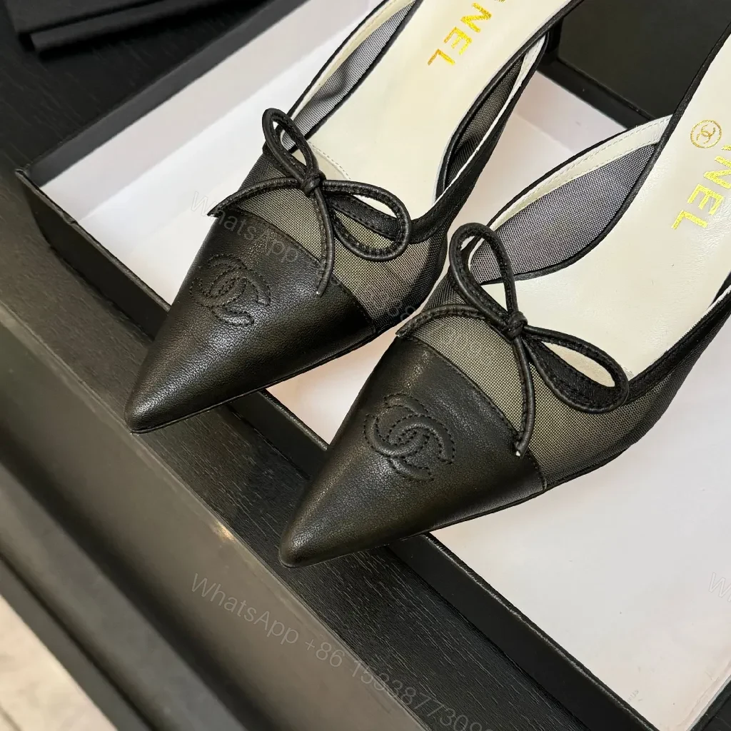 View 2 of Black Leather Mesh Mules, Pointed Toe, Kitten Heel, Luxe Style