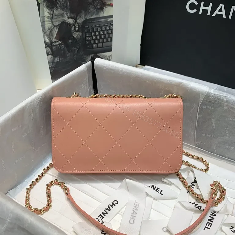 View 5 of Soft Pink Quilted Lambskin Bag with Chain Strap