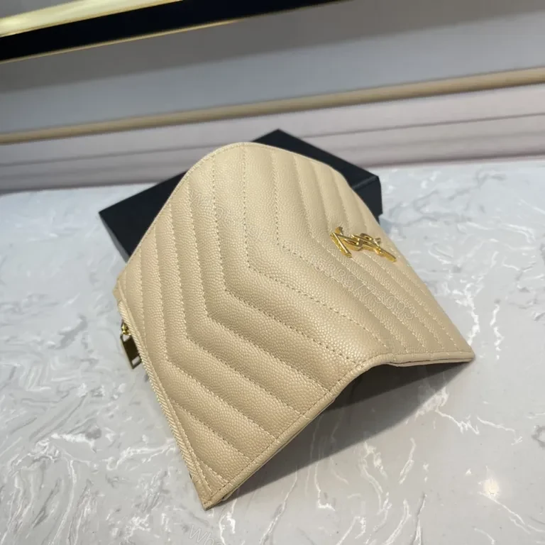 View 5 of Quilted Beige Wallet with Gold YSL Emblem - Luxury Compact Wallet