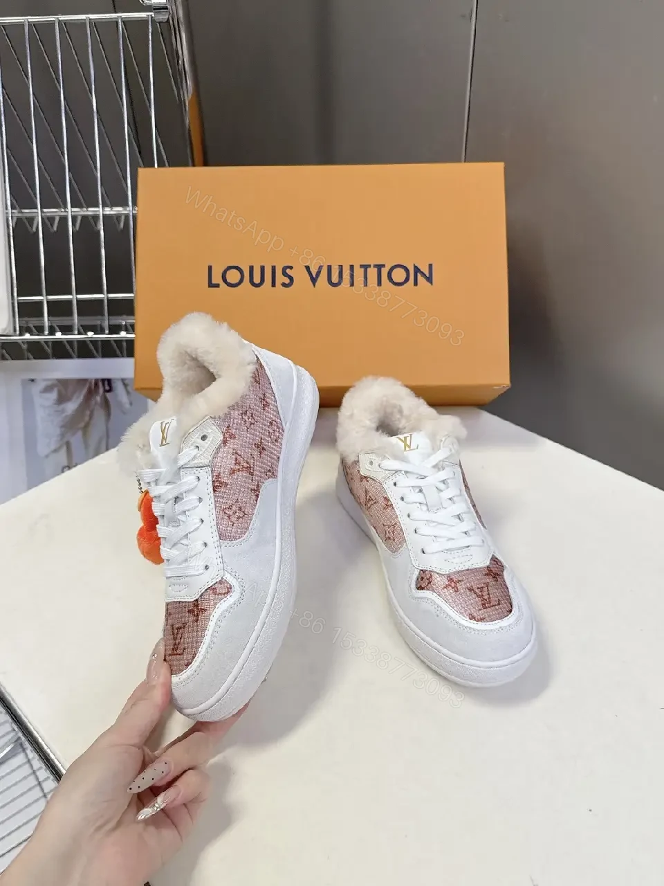 View 2 of White Leather + Shearling Mid-Top Sneakers + Luxe Monogram + All-Day Warmth + Sneakers