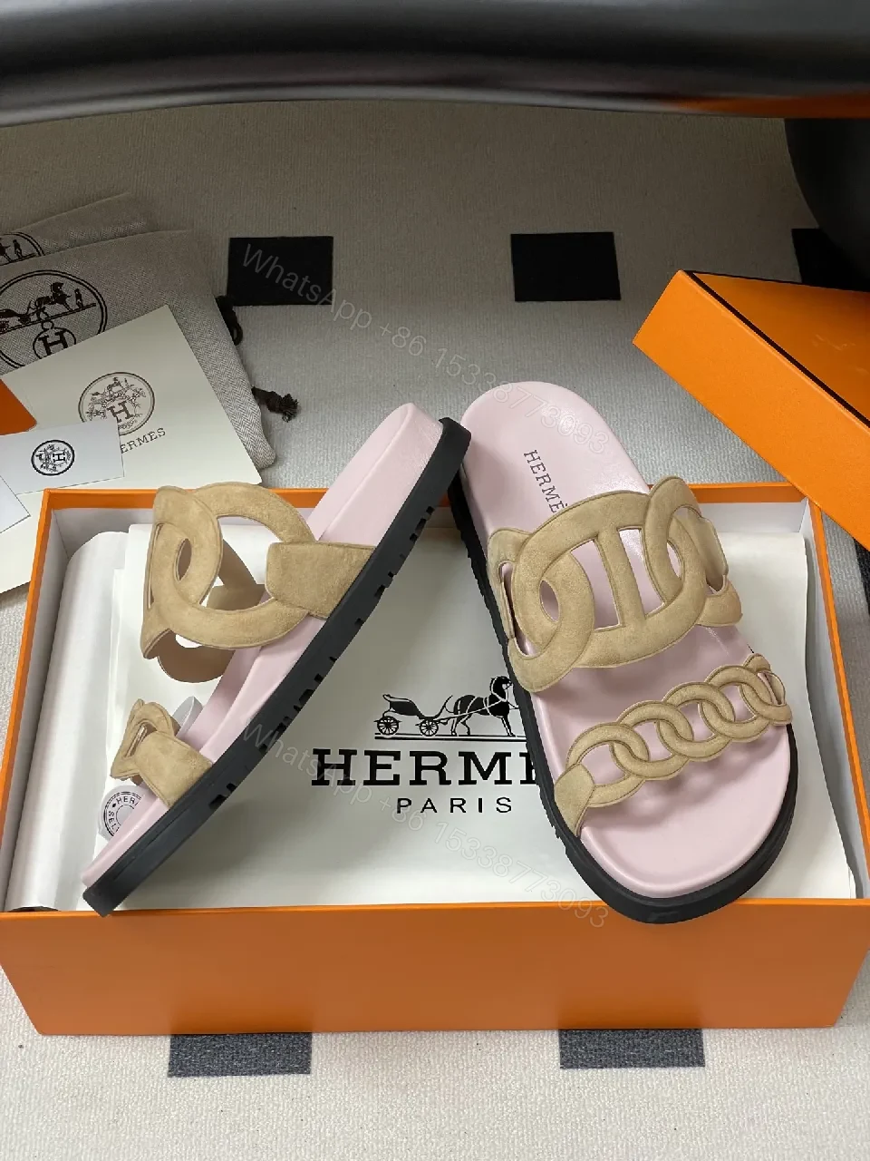 Soft Pink Leather Slides with Signature Interlaced Straps — view 1
