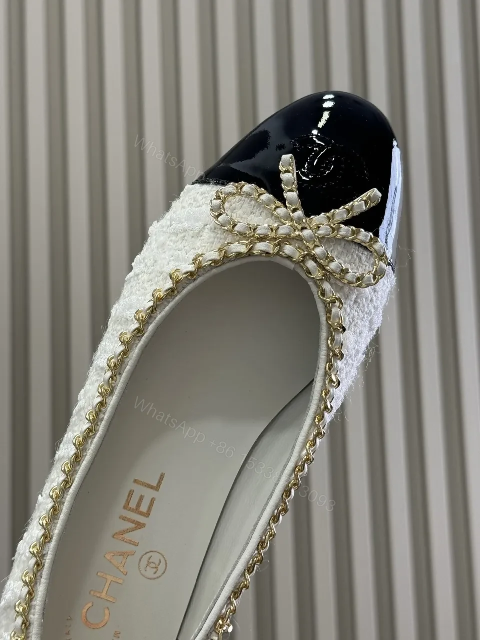 View 5 of Tweed Flats with Gold Chain Trim - Patent Toe Bowed Comfort