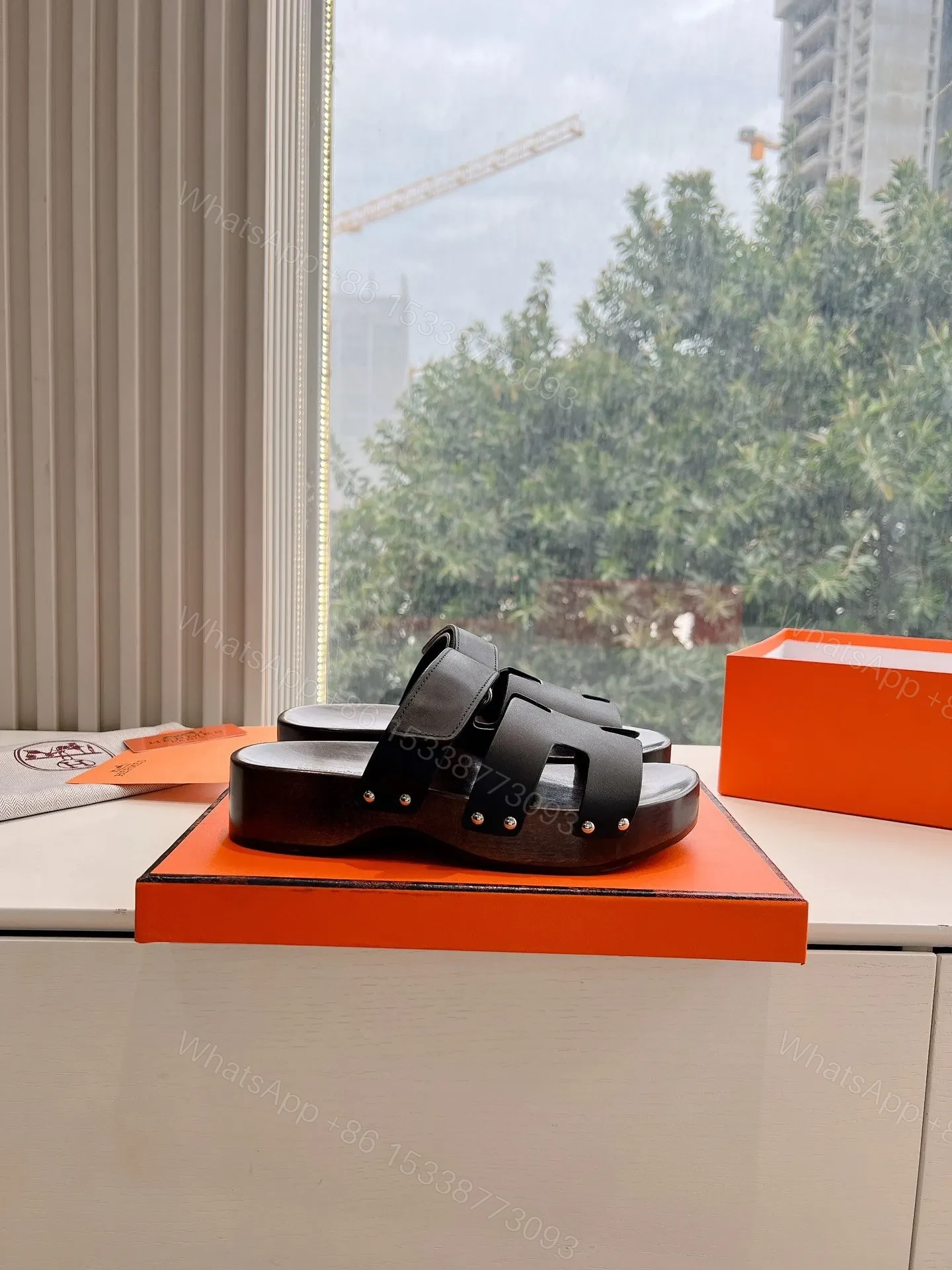 View 2 of Hermes Women Black Leather Strap Sandals