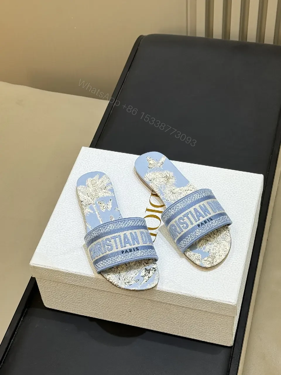 View 5 of Blue Denim Slide Sandals Palm Print Christian Dior Style Logo Strap Sandals