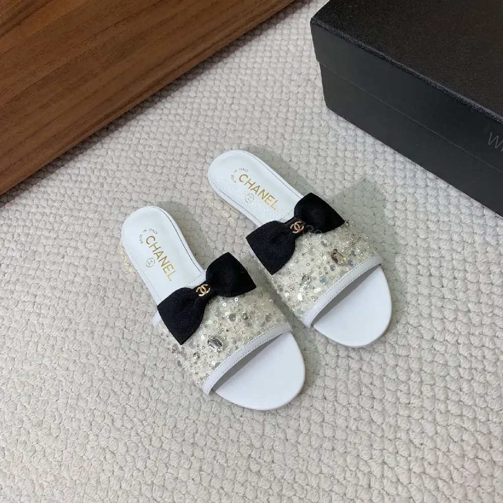 View 3 of White Crystal Glitter Sandals Satin Bow Chanel Style Sparkle Embellishments Slide Sandals
